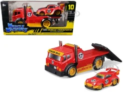 JDM Flatbed Truck #17 Red "RAUH-Welt BEGRIFF" And Porsche RWB 911 993 #17 Red "Muscle Transports" Series 1/64 Diecast Model Cars By Muscle Machines