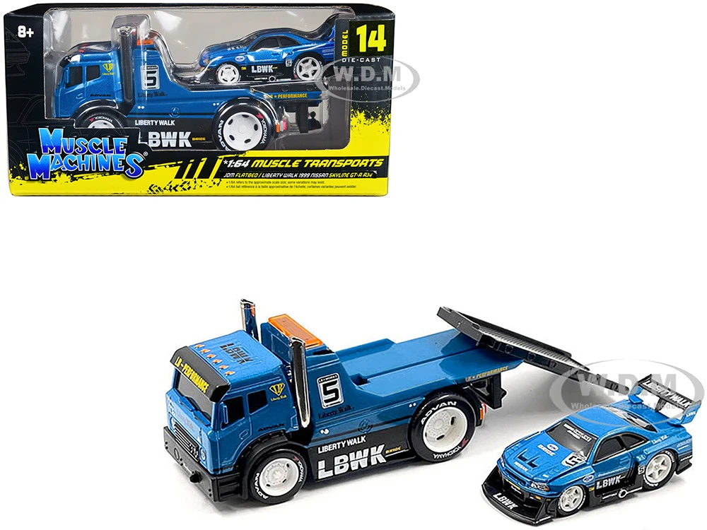 JDM Flatbed Truck #5 Blue Metallic "Liberty Walk (LBWK)" And 1999 Nissan Skyline GT-R (R34) #5 Blue Metallic "Liberty Walk (LBWK)" "Muscle Transports" Series 1/64 Diecast Models By Muscle Machines 1 JDM Flatbed Truck #5 Blue Metallic "Liberty Walk (LBWK)" And 1999 Nissan Skyline GT-R (R34) #5 Blue Metallic "Liberty Walk (LBWK)" "Muscle Transports" Series 1/64 Diecast Models By Muscle Machines