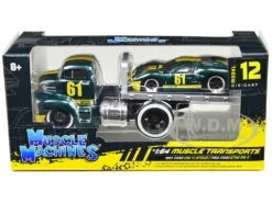 1950 Ford COE Flatbed Truck #61 And 1966 Ford GT40 MK II #61 Green Metallic With Yellow Stripes "Muscle Transports" Series 1/64 Diecast Models By Muscle Machines