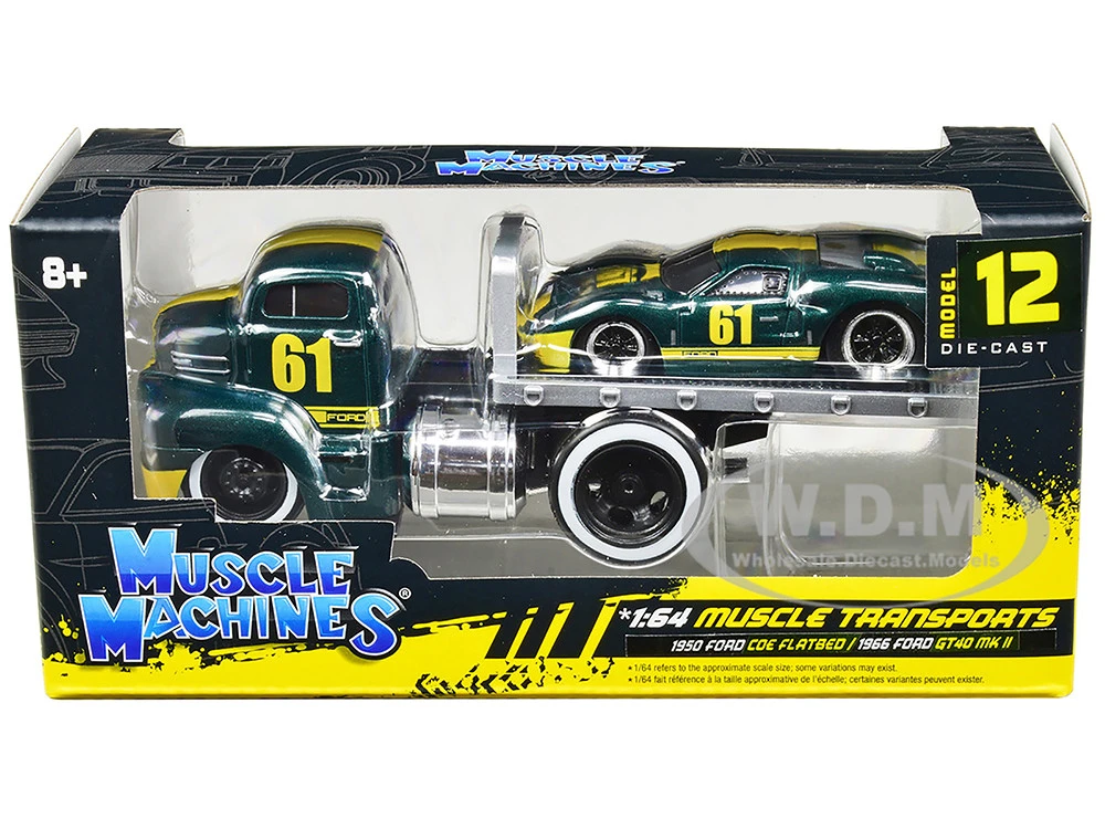 1950 Ford COE Flatbed Truck #61 And 1966 Ford GT40 MK II #61 Green Metallic With Yellow Stripes "Muscle Transports" Series 1/64 Diecast Models By Muscle Machines 1 1950 Ford COE Flatbed Truck #61 And 1966 Ford GT40 MK II #61 Green Metallic With Yellow Stripes "Muscle Transports" Series 1/64 Diecast Models By Muscle Machines