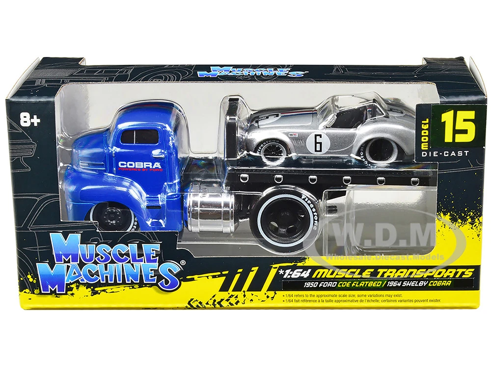 1950 Ford COE Flatbed Truck Blue "Cobra Powered By Ford" And 1964 Shelby Cobra #6 Silver Metallic With Stripes "Muscle Transports" Series 1/64 Diecast Model Cars By Muscle Machines 1 1950 Ford COE Flatbed Truck Blue "Cobra Powered By Ford" And 1964 Shelby Cobra #6 Silver Metallic With Stripes "Muscle Transports" Series 1/64 Diecast Model Cars By Muscle Machines