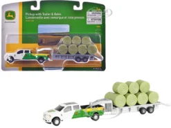 Ford F-350 Pickup Truck "John Deere" White And Green With Flatbed Trailer And Bales 1/64 Diecast Model By ERTL TOMY