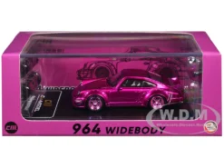 Porsche 964 Widebody Hot Pink Metallic With Extra Wheels And Wing 1/64 Diecast Model Car By CM Model