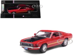 1969 Ford Mustang Mach 1 Calypso Coral Red With Black Hood And Yellow Stripes 1/43 Diecast Model By IXO Models