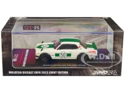 Nissan Skyline 2000 GT-R (KPGC10) #50 RHD (Right Hand Drive) White With Green Stripes "Malaysia Diecast Expo Event Edition" (2023) 1/64 Diecast Model Car By Inno Models
