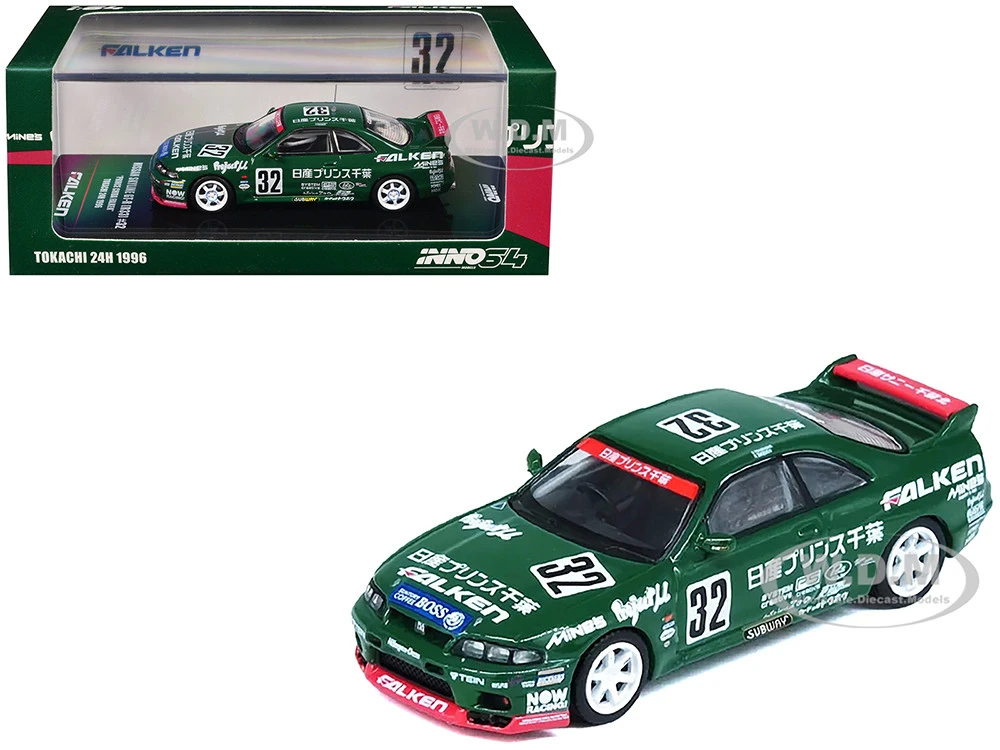 Nissan Skyline GT-R (R33) RHD (Right Hand Drive) #32 "Prince Chiba Falken" N1 Super Endurance Series "Tokachi 24 Hours" (1996) 1/64 Diecast Model Car By Inno Models 1 Nissan Skyline GT-R (R33) RHD (Right Hand Drive) #32 "Prince Chiba Falken" N1 Super Endurance Series "Tokachi 24 Hours" (1996) 1/64 Diecast Model Car By Inno Models