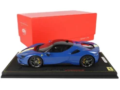 2019 Ferrari SF90 Stradale Azzurro Dino Blue With Yellow And White Stripes With DISPLAY CASE Limited Edition To 99 Pieces Worldwide 1/18 Model Car By BBR