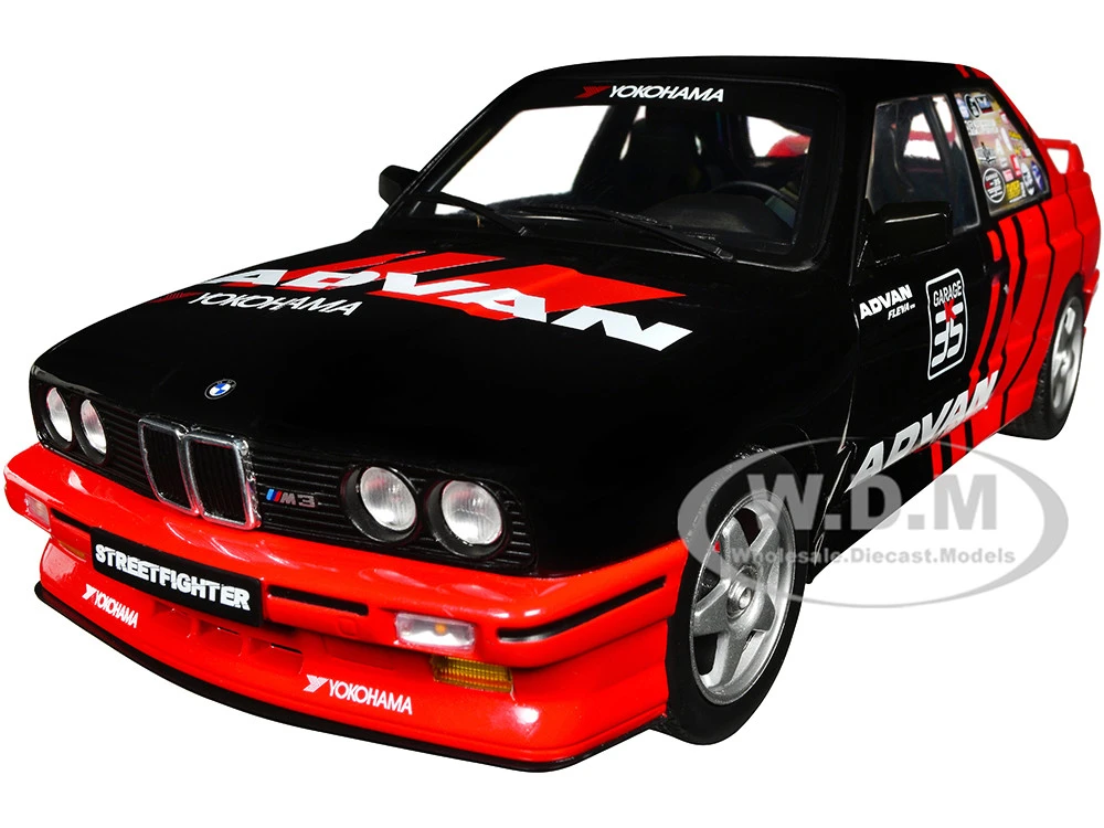 1990 BMW E30 M3 Black And Red With Graphics "ADVAN Drift Team" "Competition" Series 1/18 Diecast Model Car By Solido 1 1990 BMW E30 M3 Black And Red With Graphics "ADVAN Drift Team" "Competition" Series 1/18 Diecast Model Car By Solido